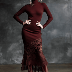 Burgundy lace maxi dress from My Store, elegant evening dress with intricate lace details and flowing silhouette.
