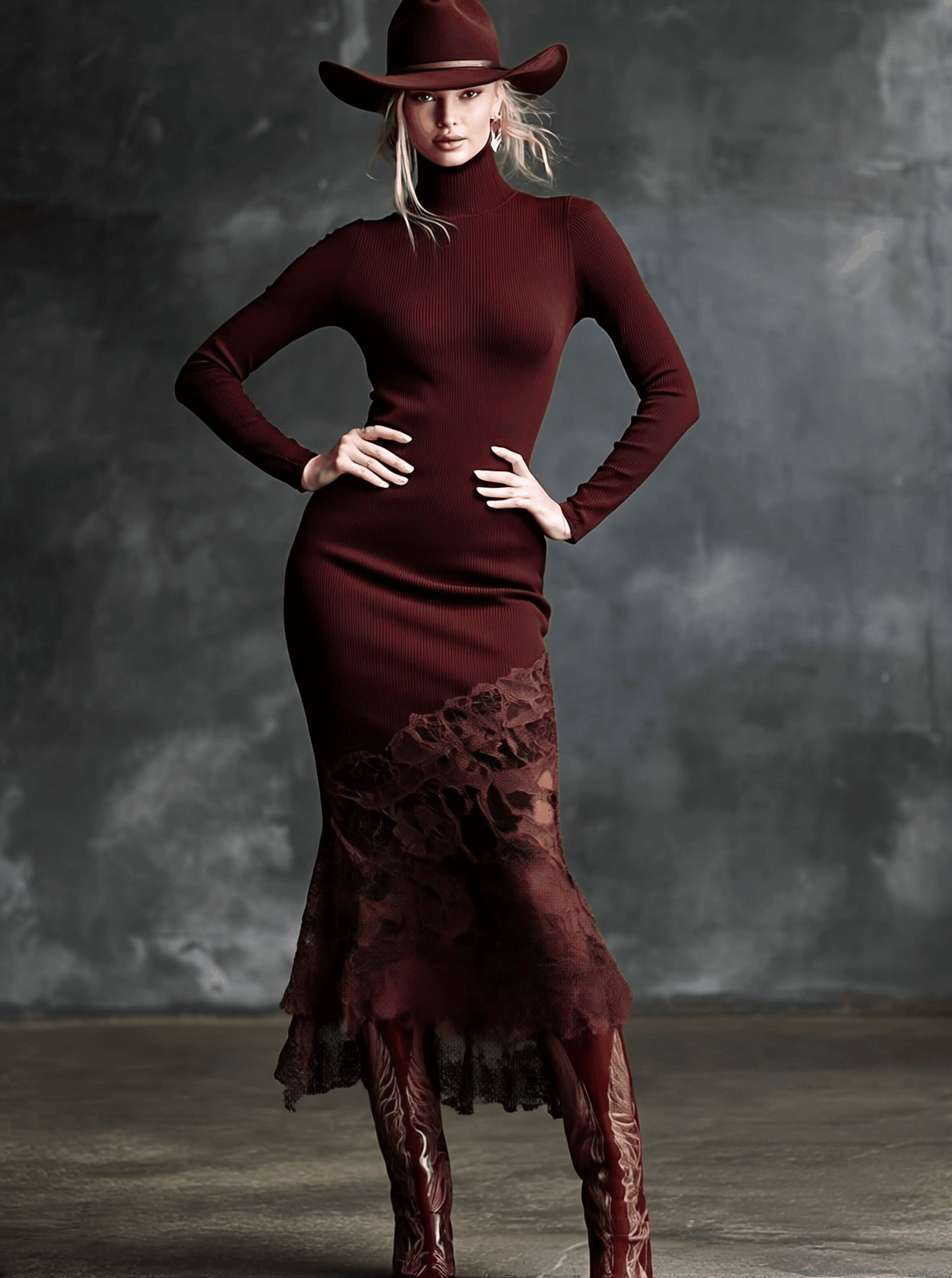 Burgundy lace maxi dress from My Store, elegant evening dress with intricate lace details and flowing silhouette.