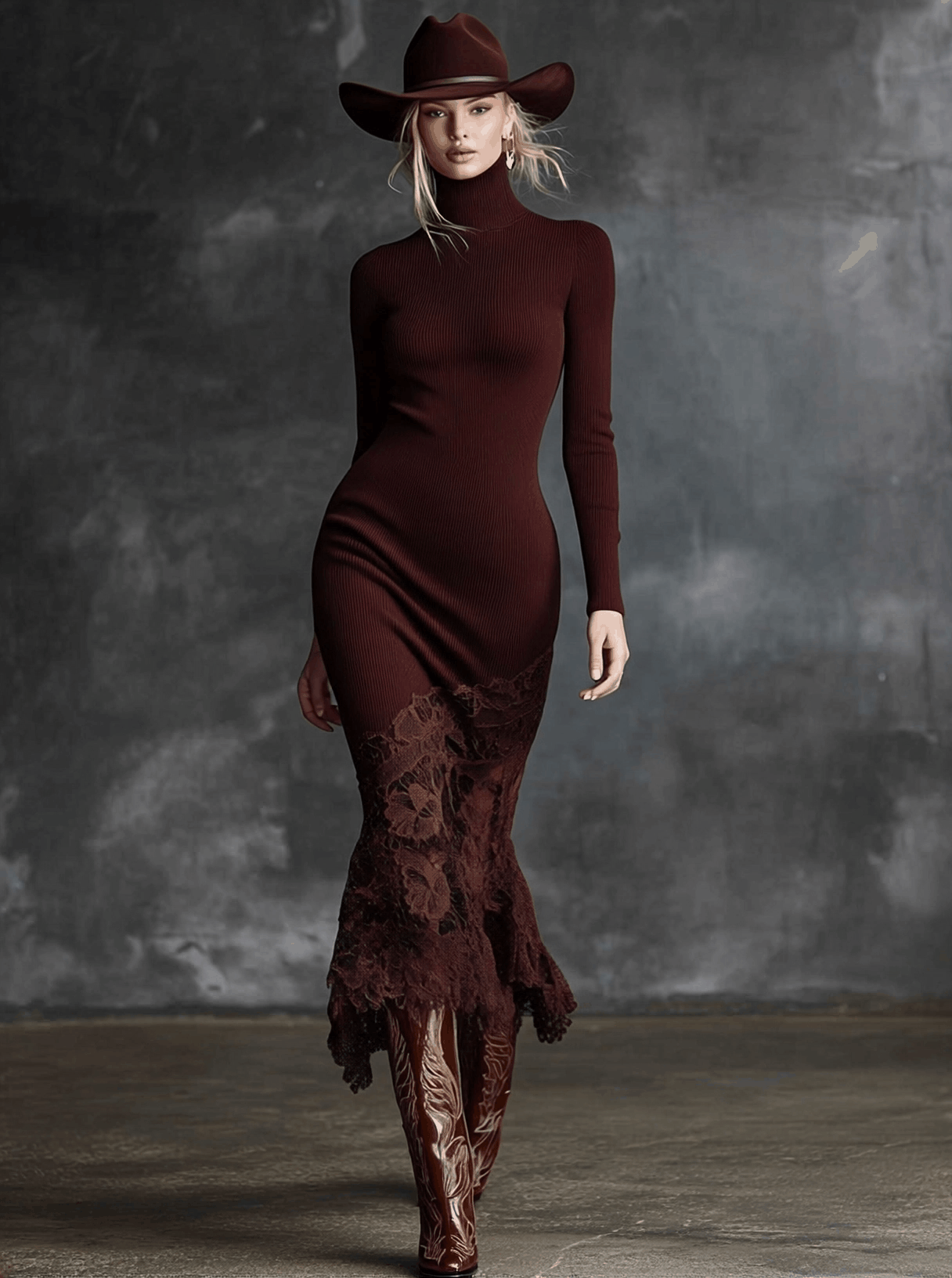 Burgundy lace maxi dress for women, elegant evening dress with intricate lace details, designed by My Store.