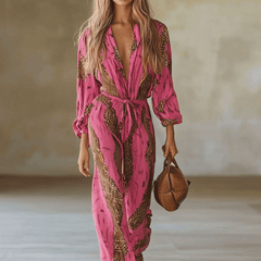 Rose red leopard print chiffon long sleeve jumpsuit for women, featuring stylish pants and a flowing design.