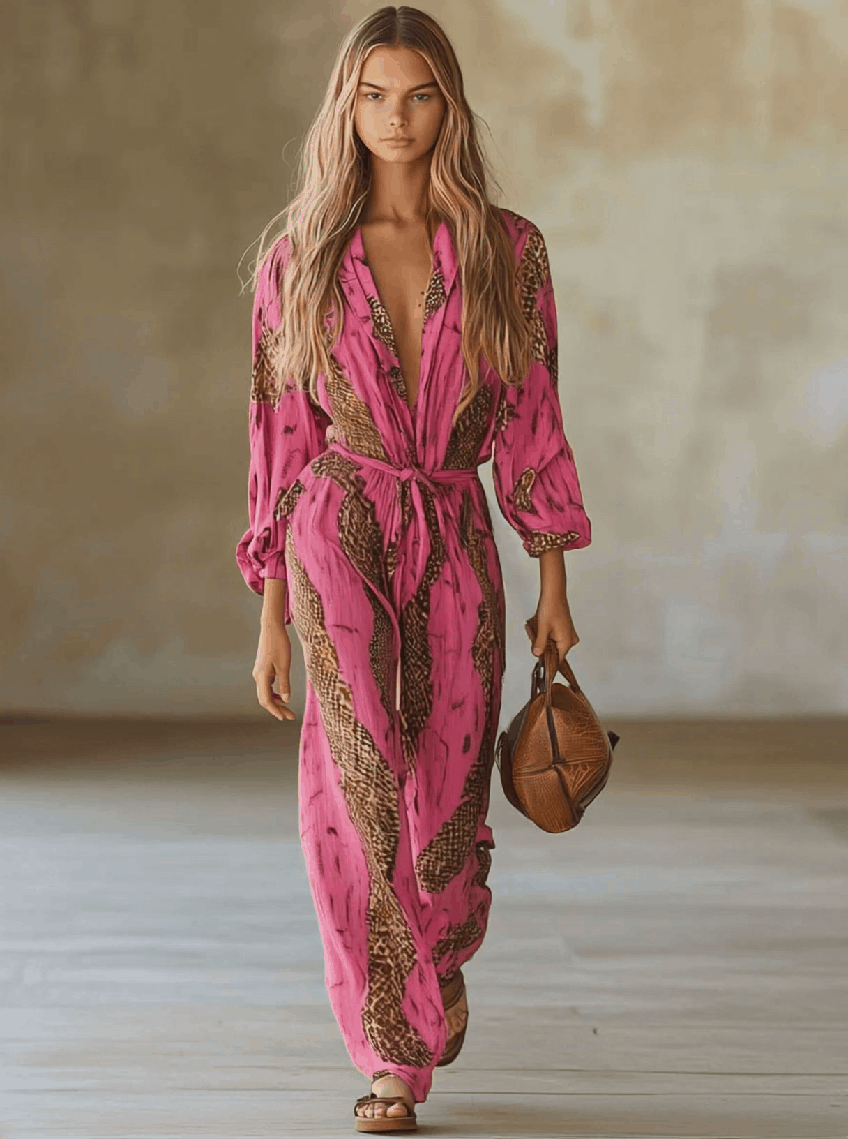 Rose red leopard print chiffon long sleeve jumpsuit for women, featuring stylish pants and a flowing design.