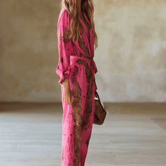 Rose red leopard print chiffon long sleeve jumpsuit for women, stylish pants with a relaxed fit and elegant design.