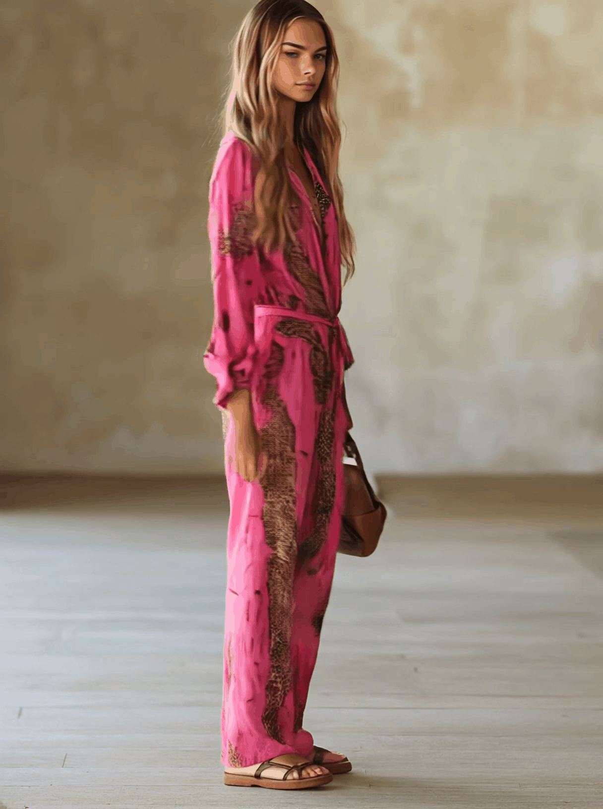 Rose red leopard print chiffon long sleeve jumpsuit for women, stylish pants with a relaxed fit and elegant design.