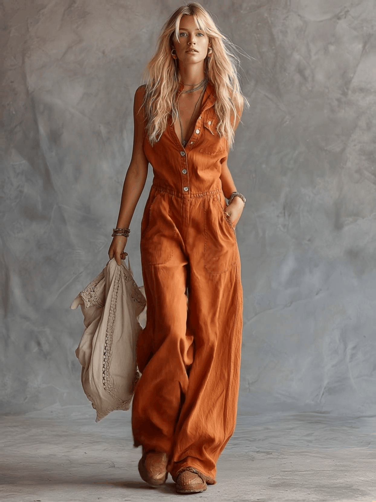 Rust orange cotton women's sleeveless V-neck jumpsuit with western-style pants, featuring a relaxed fit and stylish design.