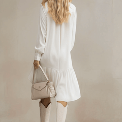 White denim ruffle midi dress, stylish evening dress with ruffled details, perfect for elegant occasions.