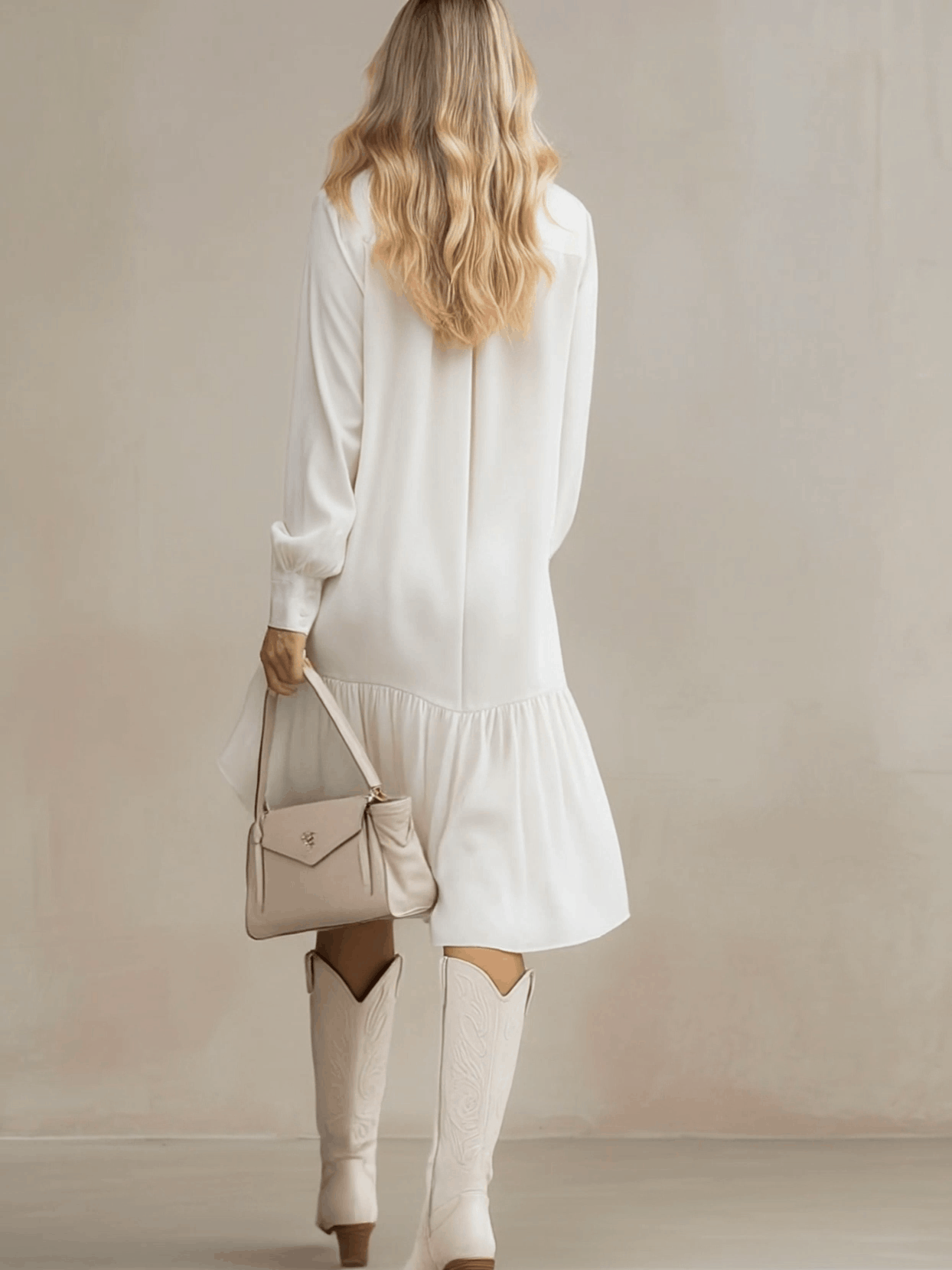 White denim ruffle midi dress, stylish evening dress with ruffled details, perfect for elegant occasions.