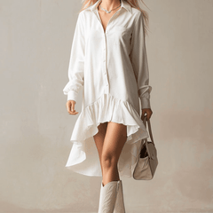 White denim ruffle midi dress from My Store featuring a fitted silhouette, ruffled details, and a stylish evening dress design.