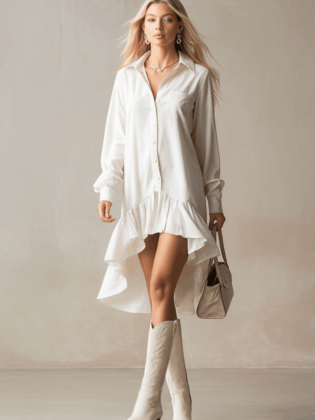 White denim ruffle midi dress from My Store featuring a fitted silhouette, ruffled details, and a stylish evening dress design.