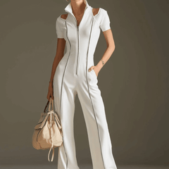 White cotton blend short sleeve wide-leg women's jumpsuit with a relaxed fit and stylish design.