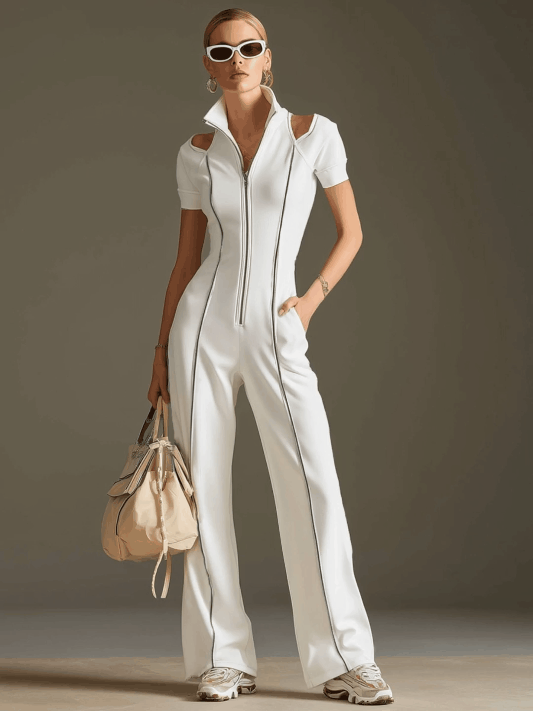 White cotton blend short sleeve wide-leg women's jumpsuit with a relaxed fit and stylish design.