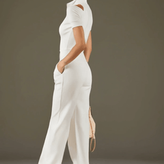 White cotton blend short sleeve wide-leg jumpsuit for women, featuring a relaxed fit and stylish design.