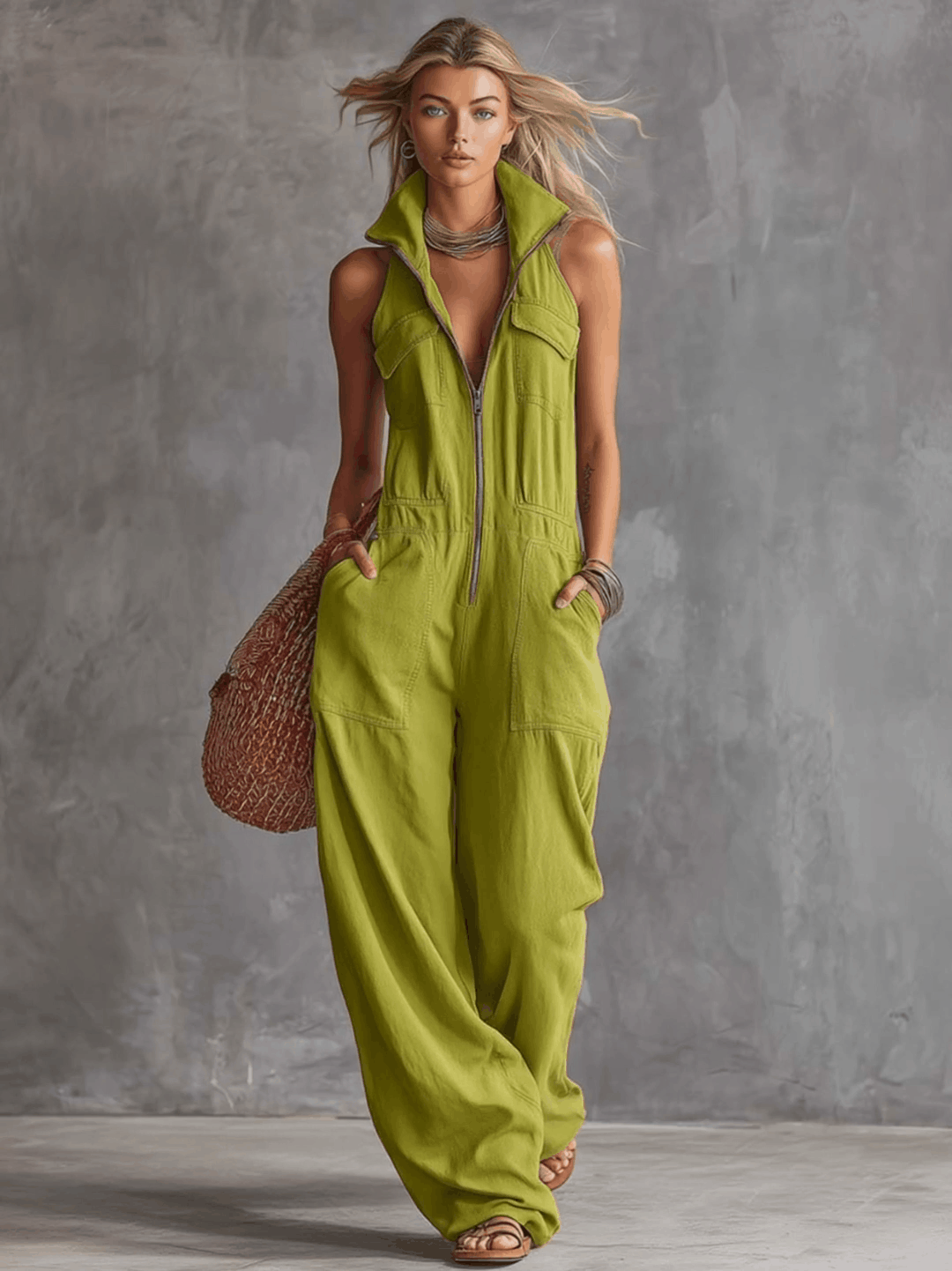 Bright green cotton linen women's jumpsuit with zip-front, featuring a relaxed fit and stylish design.