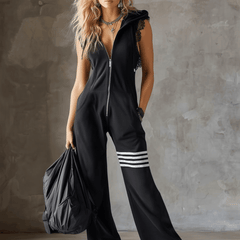 Black striped sleeveless hooded jumpsuit for women, stylish and comfortable pants from My Store, shown with hood and striped pattern.