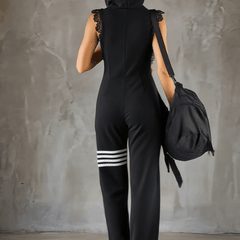 Black striped sleeveless hooded jumpsuit for women, stylish pants from My Store, shown on a model with a relaxed fit.