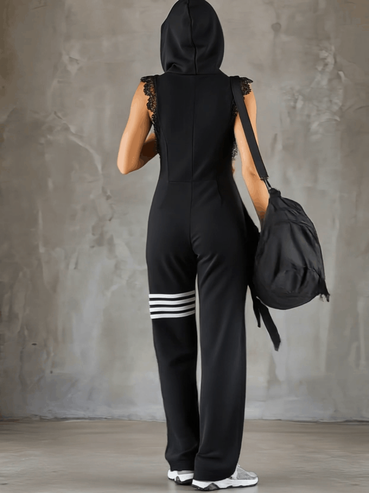 Black striped sleeveless hooded jumpsuit for women, stylish pants from My Store, shown on a model with a relaxed fit.