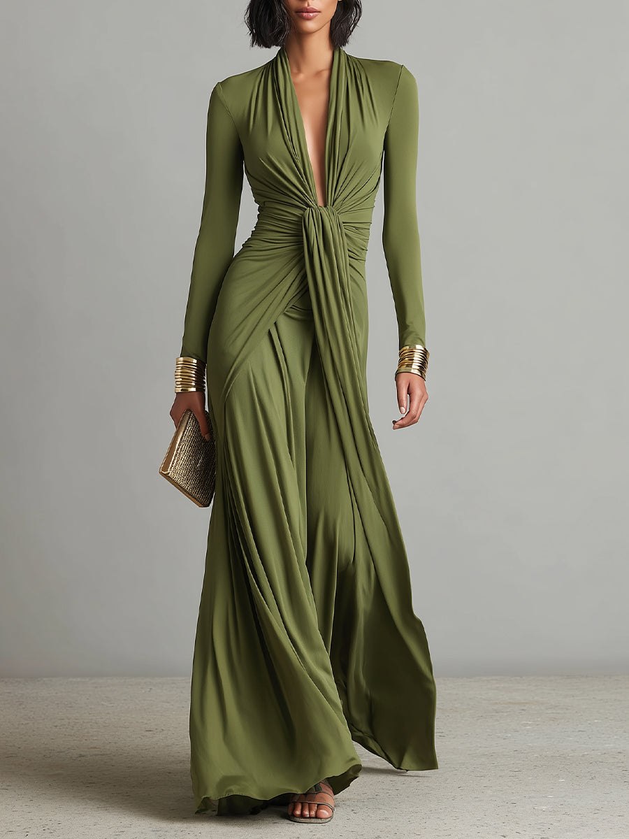 Olive silk V-neck maxi dress for women by Tammy Bradley, flowing fabric with long sleeves and elegant silhouette.