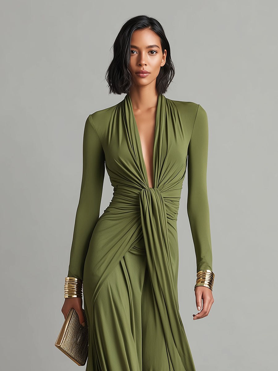 Olive silk V-neck maxi dress for women by Tammy Bradley, flowing dress with elegant V-neck and long length.