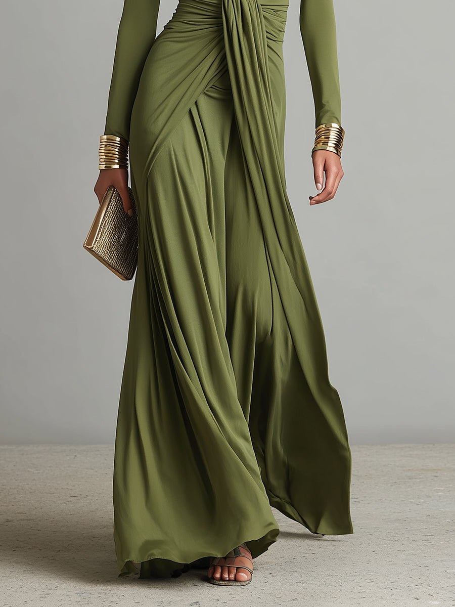 Olive silk V-neck maxi dress for women by Tammy Bradley, flowing fabric, sleeveless design, and elegant style.