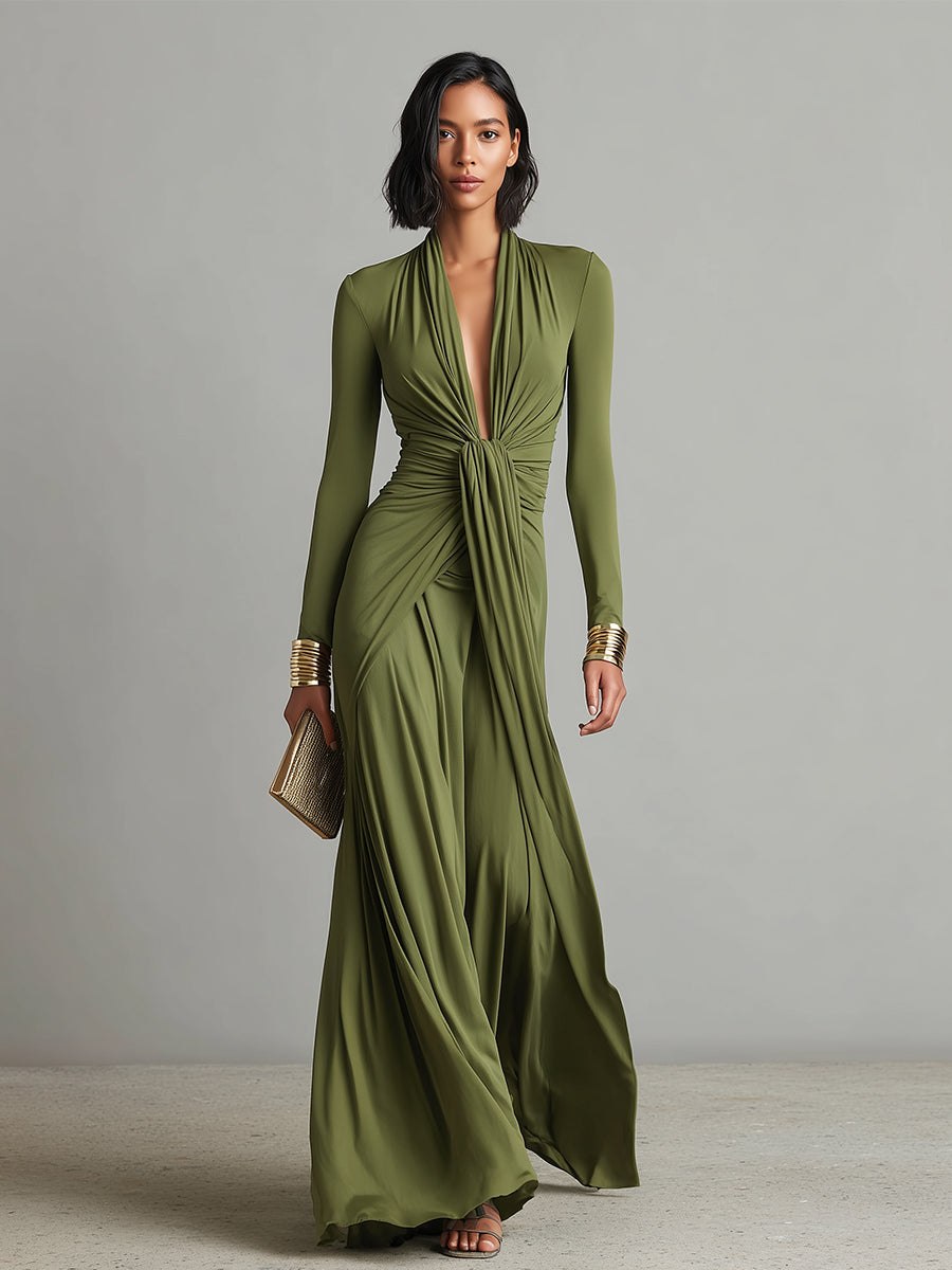 Olive silk v-neck maxi dress for women by Tammy Bradley, flowing fabric, sleeveless design, and elegant length.