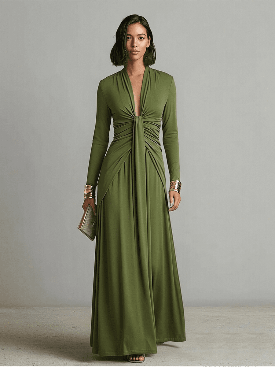 Olive silk V-neck maxi dress for women by Tammy Bradley featuring a flowing silhouette and elegant design.