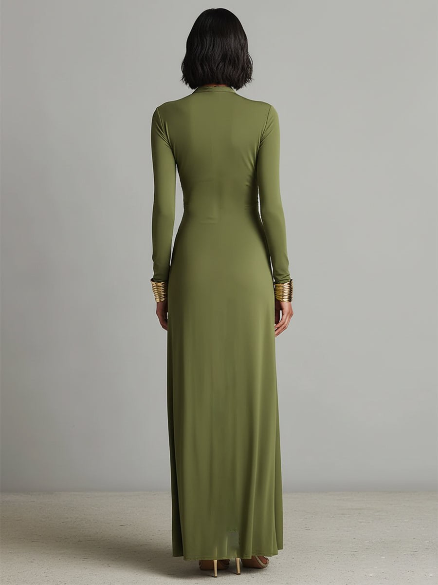 Olive silk V-neck maxi dress for women by Tammy Bradley, flowing fabric, sleeveless design, and elegant length.