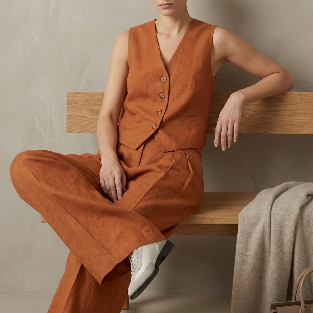 Bright orange women's linen pleated two-piece co-ord set by Tammy Bradley, featuring a stylish top and matching skirt.