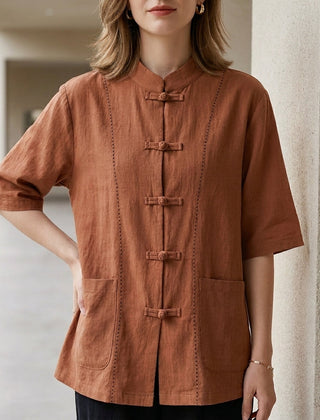 Orange summer blouse for women with denim pockets, casual top, stylish women's clothing from My Store.