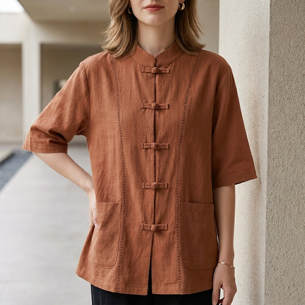 Orange summer blouse for women with denim pockets, casual top, stylish women's clothing from My Store.