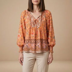 Orange floral long sleeve linen summer blouse for women, stylish and breathable top from My Store.