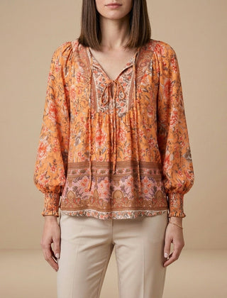 Orange floral long sleeve linen summer blouse for women, stylish and breathable top from My Store.