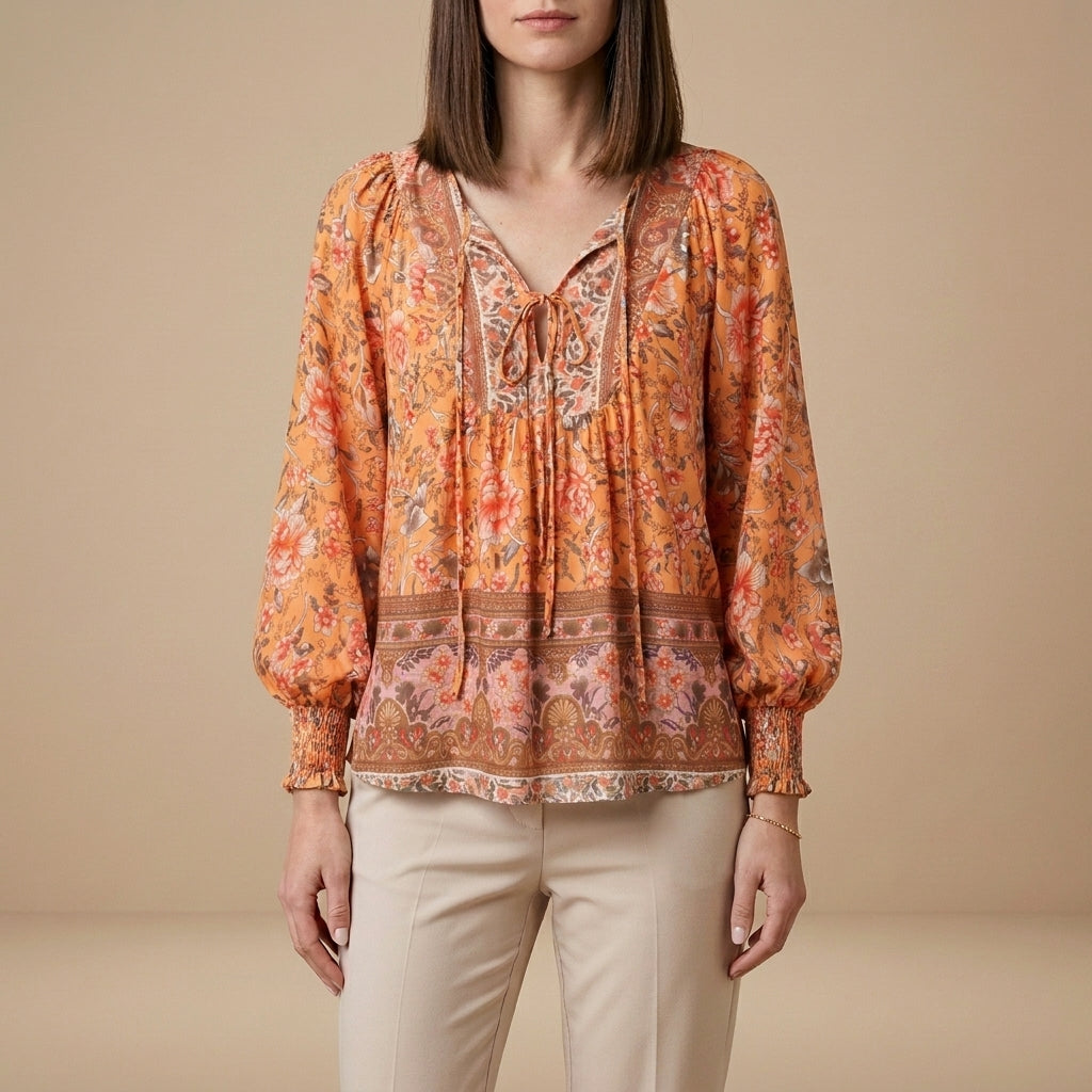 Orange floral long sleeve linen summer blouse for women, stylish and breathable top from My Store.