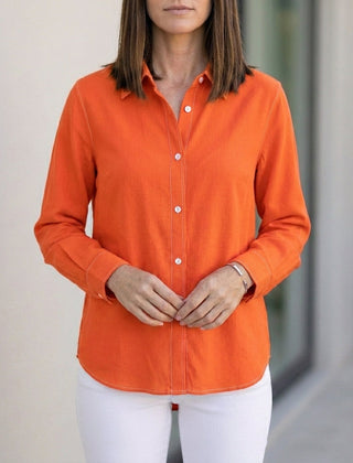 Orange linen summer blouse for women with button front, casual top from My Store, showcasing lightweight fabric and relaxed style.