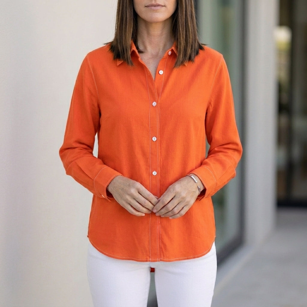 Orange linen summer blouse for women with button front, casual top from My Store, showcasing lightweight fabric and relaxed style.