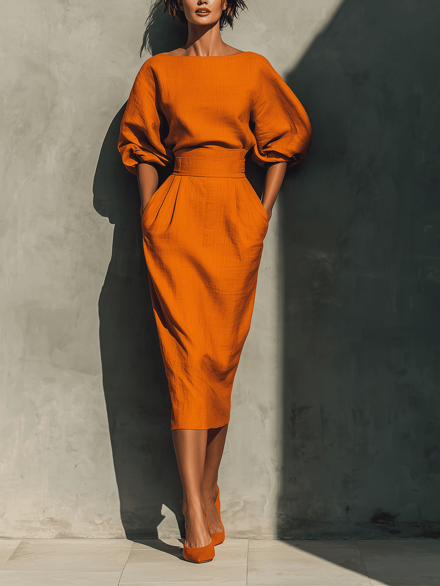 Orange linen midi dress for women by Tammy Bradley, featuring a flowing design and sleeveless style.
