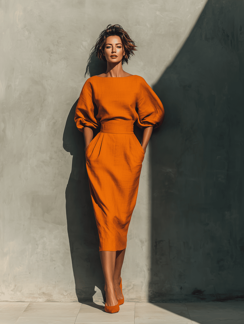Orange linen midi dress for women by Tammy Bradley, featuring a flowy design and sleeveless style perfect for warm weather.