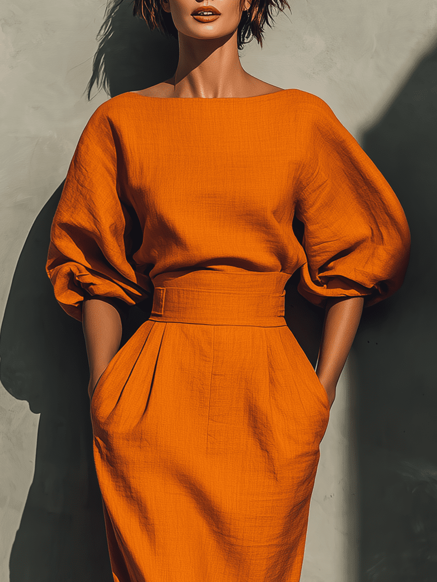 Orange linen midi dress for women by Tammy Bradley featuring a flowing silhouette and stylish mid-length design.
