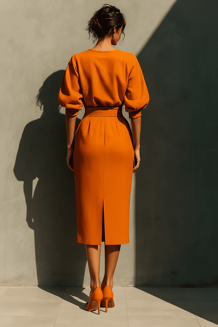 Orange linen midi dress for women by Tammy Bradley, featuring a flowy silhouette and sleeveless design.