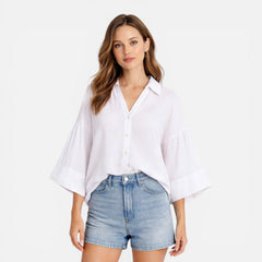 Lightweight women's summer blouse with loose fit, perfect for vacation, shown in oversized fit style.