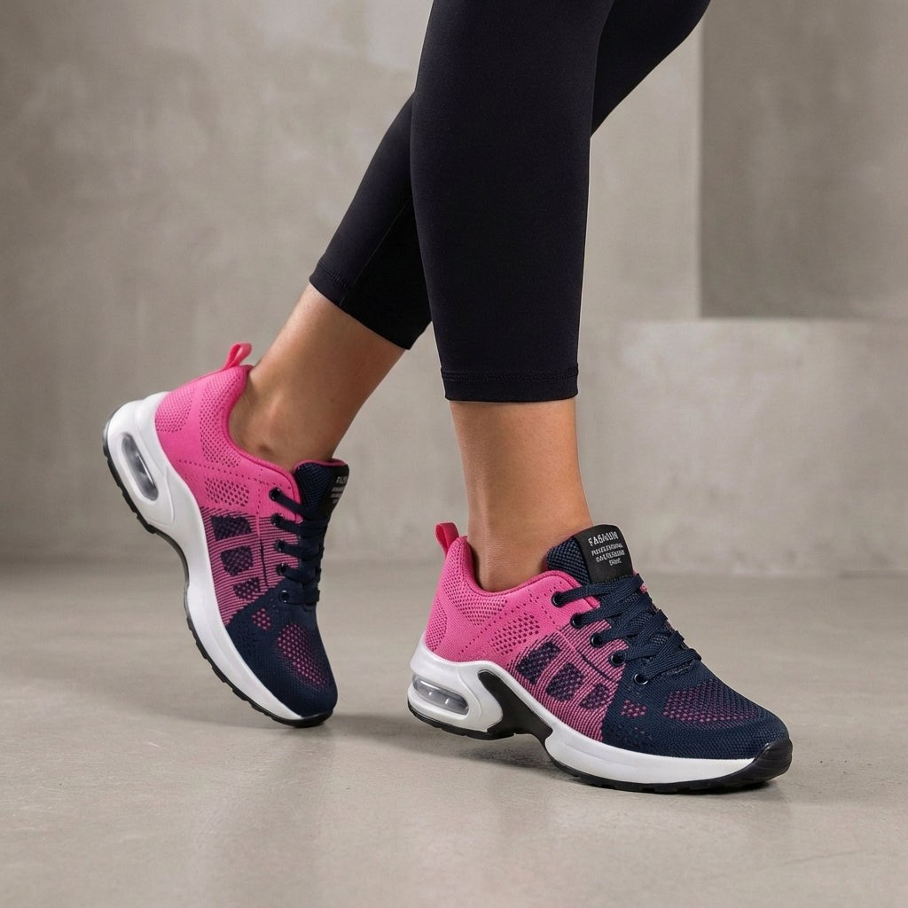 Pink and blue knit sneakers for women by Tammy Bradley, showcasing comfortable casual footwear with stylish woven design.