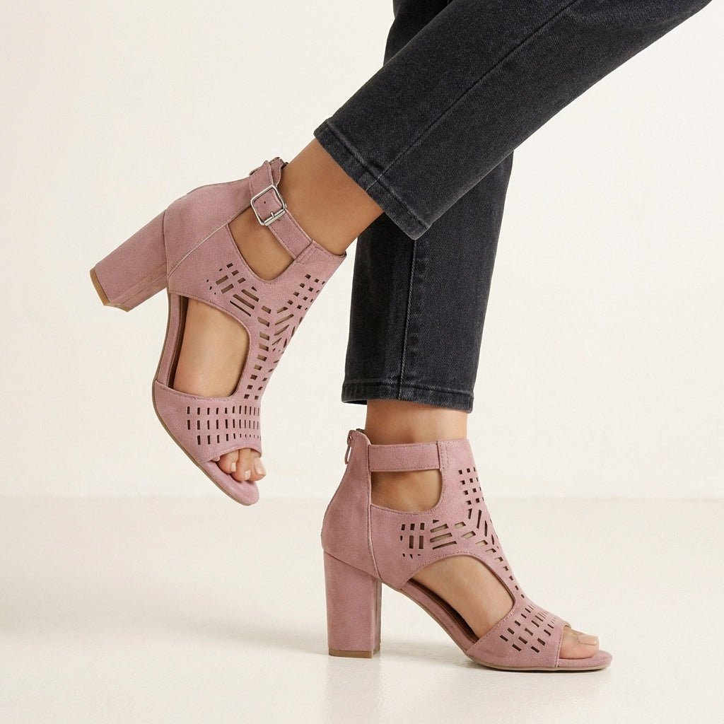 Pink Tammy Bradley women's cut-out block-heel sandals with ankle buckle and open toe, stylish and comfortable for summer wear.
