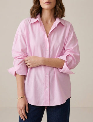 Pink linen summer top for women with a button front, stylish and lightweight, perfect for warm weather casual wear.