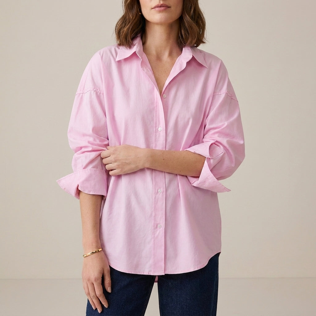 Pink linen summer top for women with a button front, stylish and lightweight, perfect for warm weather casual wear.