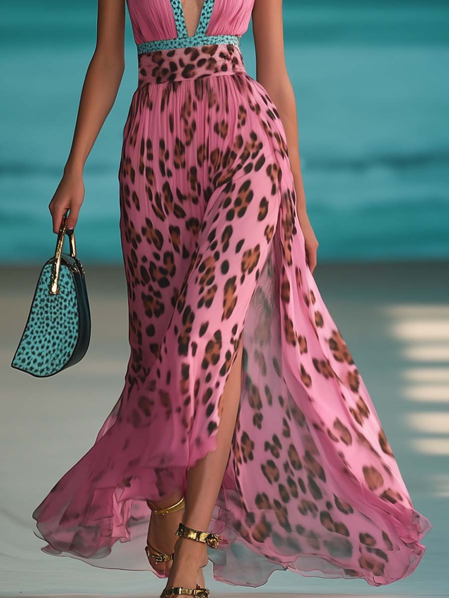 Pink chiffon V-neck maxi dress for women featuring a flowing silhouette and elegant design, ideal for formal occasions.