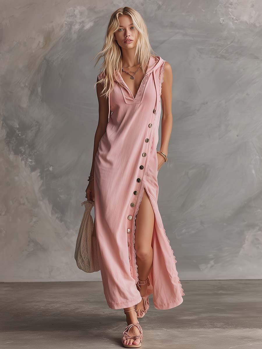 Pink lace V-neck midi dress with long sleeves, elegant evening dress from My Store, showcased on a hanger.