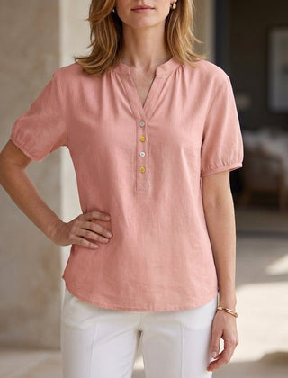 Pink women's summer blouse with puff sleeves, denim fabric, button front, lightweight top for warm weather.