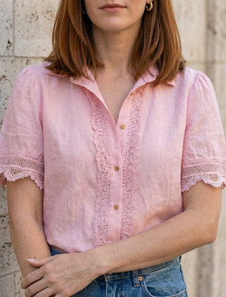 Pink women's summer blouse with V-neck, short sleeves, and lace detail, stylish top for warm weather.