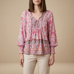 Pink floral long sleeve linen summer blouse for women, stylish and lightweight top from My Store.