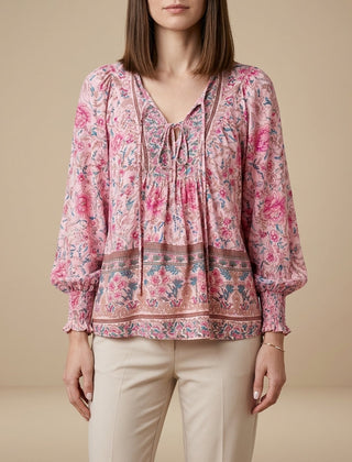 Pink floral long sleeve linen summer blouse for women, stylish and lightweight top from My Store.