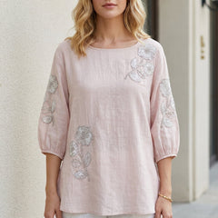 Pink floral summer blouse for women with puff sleeves, stylish top from My Store, perfect for warm weather and casual wear.