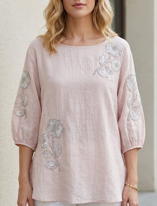 Pink floral summer blouse for women with puff sleeves, stylish top from My Store, perfect for warm weather and casual wear.